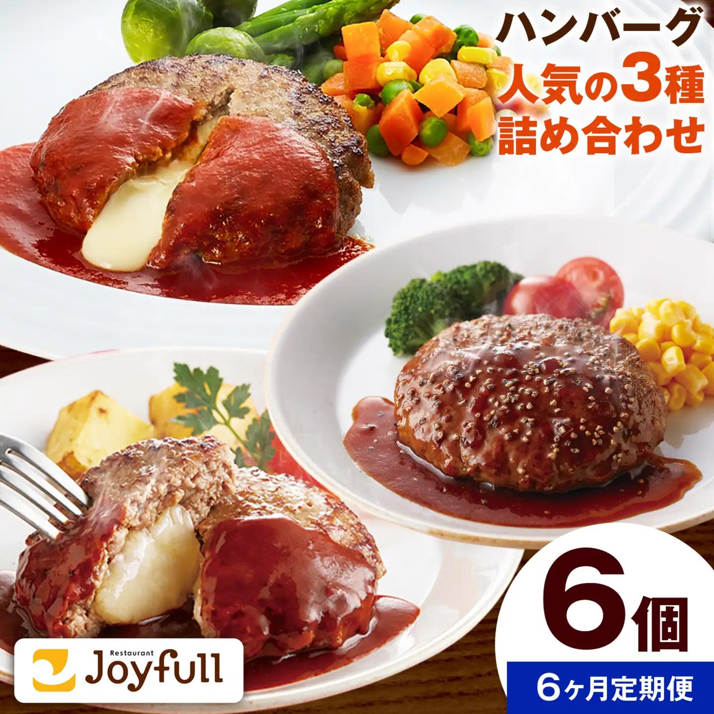 【6ヶ月定期便】ジョイフルハンバーグ 人気の詰め合わせ 6個 ソース付き 食べ比べ 3種類 セット