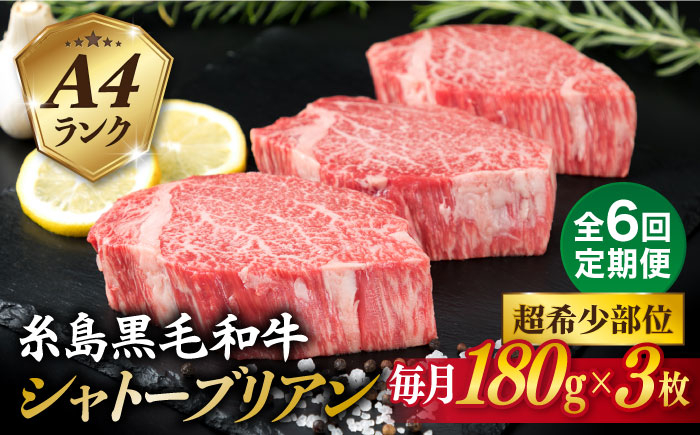 
                  【全6回定期便】【 極厚 シャトーブリアン 】A4ランク 糸島 黒毛和牛 ヒレ肉 約180g × 3枚 糸島市 / 糸島ミートデリ工房 [ACA369]
                
