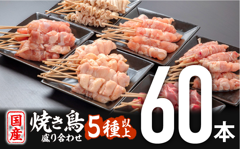 若鶏の焼き鳥セット5種以上(60本)盛り合わせ 焼鳥 串焼き  若鶏 モモ肉 皮 砂肝 カタ肉 ぼんじり せせり 食べ比べ  鶏肉 おつまみ 晩酌 小分け