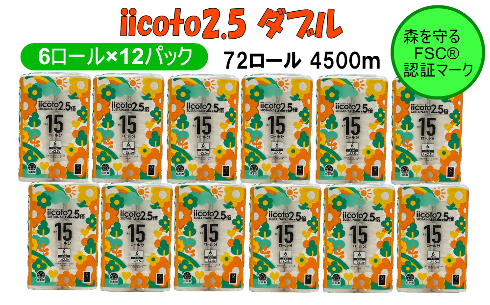 
トイレットペーパー iicoto2.5 ダブル 72ロール 4500m(6ロール×12パック×62.5m)
