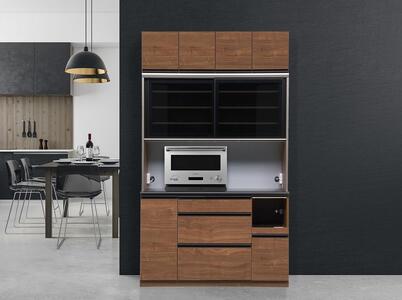 （ウォールナット柄）【開梱設置】 クロノス キッチンボード 上置き付 幅140cm キッチンボード 引き戸 食器棚 オープンボード 完成品 カップボード ダイニングボード 140幅 大川家具