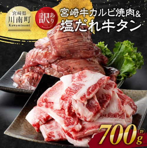 【訳あり】 宮崎牛カルビ焼肉＆塩だれ牛タン　計700g 【 肉 宮崎牛 カルビ 牛肉 牛たん たん 厚切り 塩ダレ 塩だれ タン 味付き BBQ 焼肉 焼き肉 焼くだけ おかず 簡単調理 】