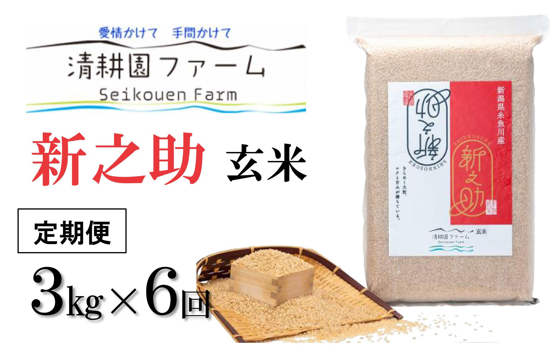 
令和6年産新米予約【定期便】新之助【玄米】3kg×6回 計18㎏ 清耕園ファーム 農家直送 新潟の新しいブランド米（毎月お届け） 2024年産 新潟県糸魚川産【米 しんのすけ こめ 6ヶ月 6か月 玄米でも美味しいお米】
