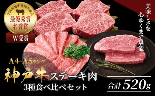
                  神戸牛 ステーキ & サーロイン 焼きしゃぶ ヒレ モモ 3種食べ比べ Eセット 計6枚（520g） ヘレ モモ赤身 牛肉 和牛 お肉 ステーキ肉 焼肉 焼き肉 黒毛和牛 福袋 冷凍
                