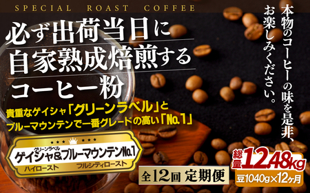 必ず出荷日に自家熟成焙煎ゲイシャ粉(640g)･ブルーマウンテン№.1粉(400g)【12回定期便】