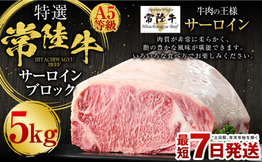 
                  【特選】常陸牛（ひたちぎゅう）A5等級 サーロインブロック 5kg（茨城県共通返礼品 茨城県産）
                