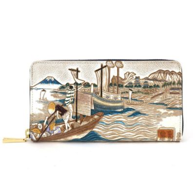 【ふるさと納税】【文庫屋大関】大容量　ぐるっとファスナーの長財布　浮世絵　荒井宿【皮革工芸品】 ファッション 小物 仕切り カードポケット ロングポケット 　お届け：発送可能時期より順次配送