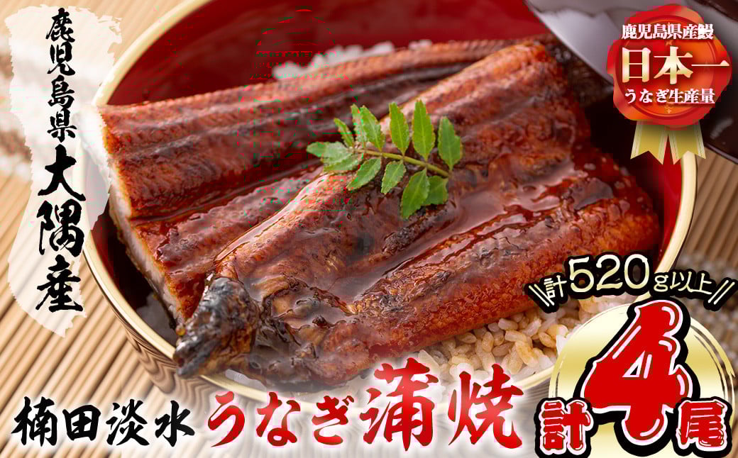 
            楠田の極うなぎ蒲焼130g以上×4尾(計520g以上) 山椒付たれ 鰻 ウナギ 蒲焼 うな重 ひつまぶし 鹿児島 冷凍 おかず お祝い b3-013
          
