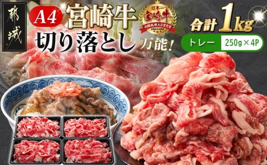 
                  宮崎牛切り落とし1kg_MJ-89-006-1000g_(都城市) 宮崎県産 宮崎牛 牛肉 A4ランク 切り落とし 切落し 250g × 4パック 小分け  1kg 牛丼 炒め物 便利
                