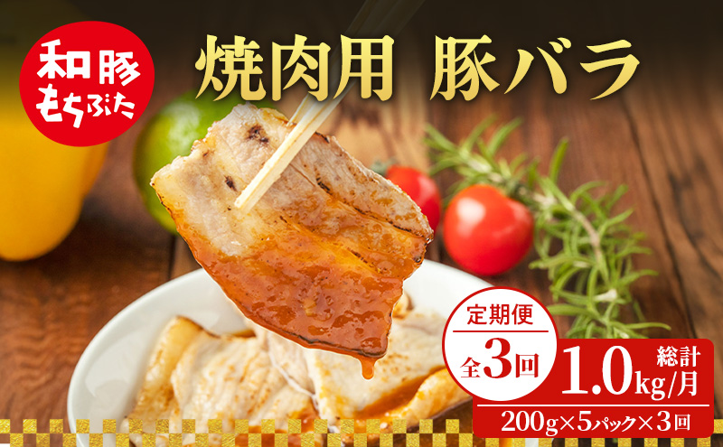 【定期便 3回】焼肉用 豚バラ 和豚 もちぶた 200g×5 (1kg) 豚肉 ポーク 肉 豚 国産 宮城県産 小分け バラ肉 豚バラ肉 ストック 精肉