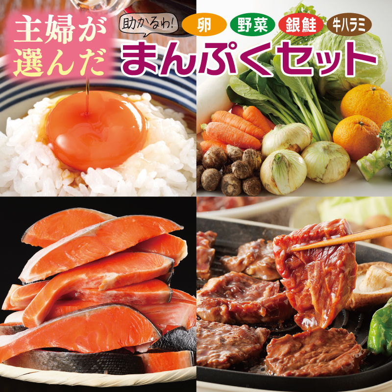 主婦が選んだ まんぷく セット（牛肉 ハラミ 銀鮭 切り身 たまご 野菜）【別送】 099S016