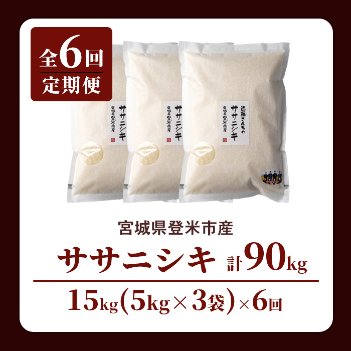 【6回定期便】≪令和8年産≫ ササニシキ 精米 計90kg(15kg×6回) 宮城県登米市産 お米 おこめ 米 コメ 白米 ご飯 ごはん おにぎり お弁当 6か月 頒布会【株式会社近藤農産】tm511
