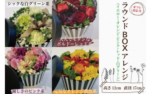 
                  ラウンドアレンジ BOXアレンジ【ボックスアレンジ サプライズ フラワーアレンジ 花 贈り物 誕生日 送別 母の日 ホワイトデー 水戸市 茨城県】（DR-3）
                