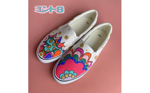 手描きスニーカー「ミントS」23.0cm 白地 カラフル アシンメトリー【受注制作】
