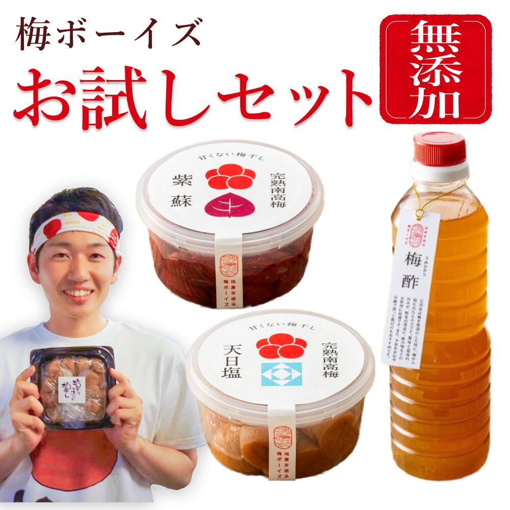 【無添加梅干し】天日塩だけで漬けた梅干し、塩と紫蘇だけで漬けた梅干し、白梅酢 お試しセット / 南高梅 / 梅ボーイズ