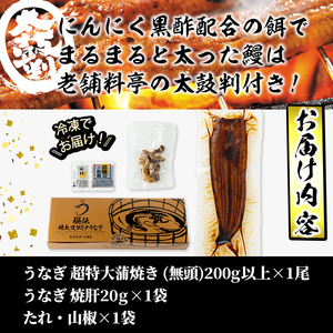 【数量限定】鹿児島県産！秘伝の特上スタミナうなぎ超特大蒲焼き1尾＜200g以上！＞焼肝20g付き！ a0-304