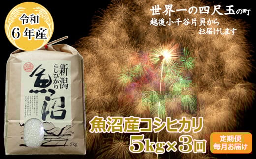 【令和6年産】【3か月定期便(毎月全3回)】魚沼産コシヒカリ 白米5kg×3回 毎月お届け (有)米萬商店 世界一の四尺玉の町片貝町 白米 魚沼 米【0002-0170_0】