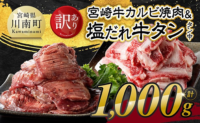 
                   【訳あり】宮崎牛カルビ・塩だれ牛タン（タン中） 計1kg【 肉 宮崎牛 カルビ 牛肉 牛たん たん 厚切り 塩ダレ 塩だれ タン 味付き BBQ 焼肉 焼き肉 焼くだけ おかず 簡単調理 】
                