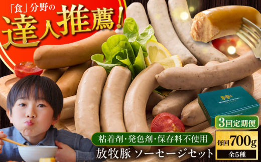 【全3回定期便】【結着剤・発色剤・保存料不使用】 放牧豚 ソーセージセット（ソーセージ5種）《厚真町》【ファーマーズファクトリー株式会社】 ソーセージ ウインナー チョリソー 無塩せき 粗挽き 冷凍配送 セット 詰め合わせ 北海道[AXBA023]