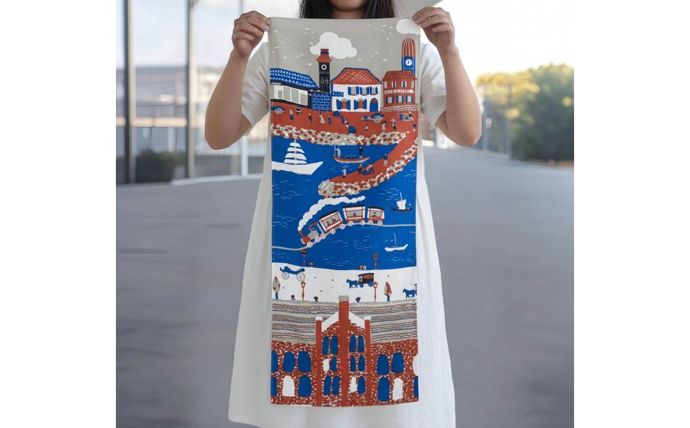 【横浜柄】横浜捺染で染色した手ぬぐい【赤×青】