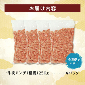 訳あり牛肉100%粗挽きミンチ!北海道産牛ひき肉1kg! (250g×4パック)_S006-0052