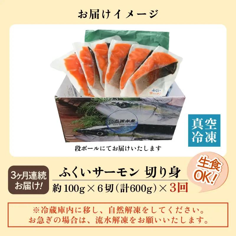 《定期便3回》ふくいサーモン 切り身 100g×6切 計600g＜鮮度抜群！＞ ／サーモン 鮭 [aw002-f002]
