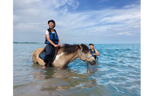 海での乗馬体験 ～ 初心者向け ～ オーシャンライディング  ペア チケット 乗馬 初心者向け 体験 海中乗馬 アクティビティ レジャー 夏休み 旅行 馬 ふれあい ペア八丸牧場  宮城県 東松島市 