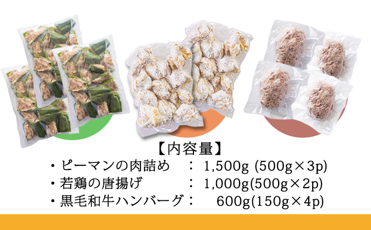 お手軽国産素材の手作りおかず3種類セット3.1kg(ピーマン肉詰め ハンバーグ 唐揚げ)　九州産コスパ・ボリューム満点 使いきりサイズ  一人暮らし 1人暮らし 時短調理 簡単調理 送料無料 [からあ