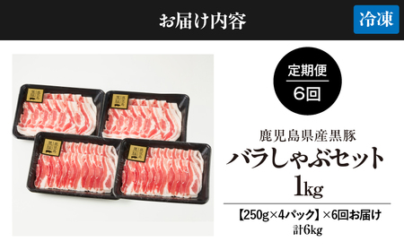 【 6回定期 】鹿児島県産 黒豚バラしゃぶ セット 1kg （ 250g × 4パック ）× 6回お届け 計6kg KN054-T06 黒豚 豚肉 豚 肉 甘み 旨味 おいしい 美味しい 上質 さっぱ