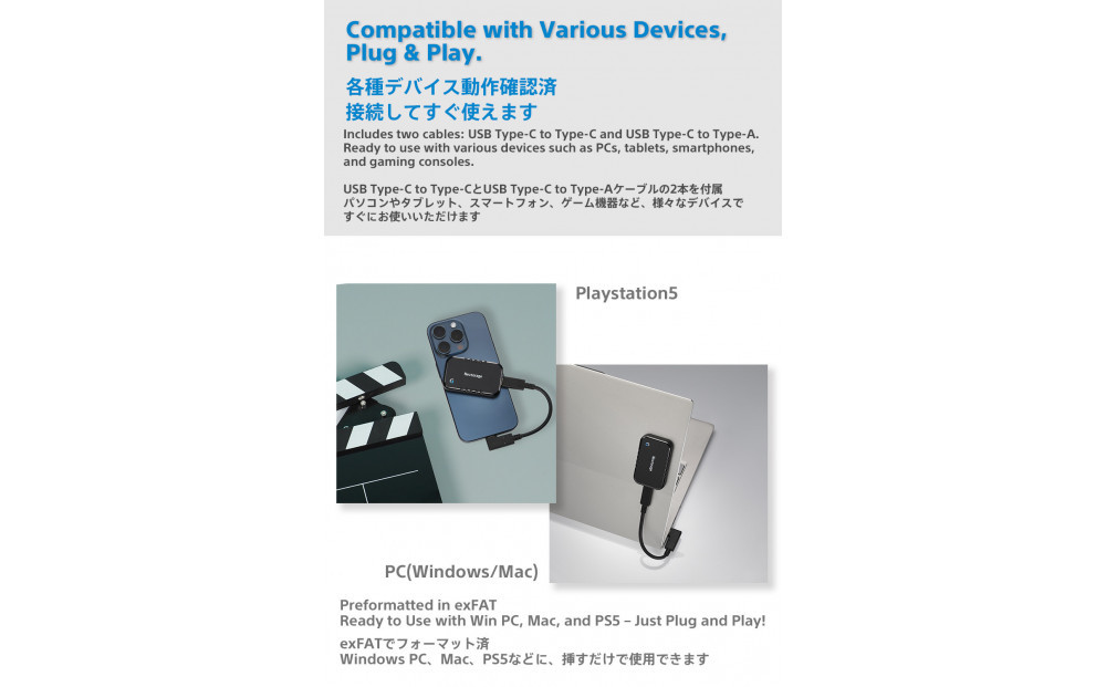 L字コネクターのショートケーブル付き ポータブルSSD　Gシリーズ　4TB