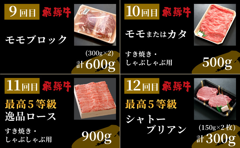 5等級シャトーブリアン入り 飛騨牛極上定期便 全12回 すき焼き しゃぶしゃぶ ステーキ 焼肉 BBQ モモ カタ ロース 肩ロース カタロース カルビ シャトーブリアン モモブロック 希少部位 贅沢