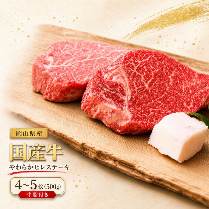 【ふるさと納税】岡山県産 国産牛 やわらかヒレステーキ 4～5枚(500g) 牛脂付き 岡山県産 国産牛 ヒレステーキ 500g やわらか フィレ ヘレ 赤身 高級肉 牛脂付き ギフト お歳暮 お中元 内祝い プレゼント ふるさと納税 贈答用