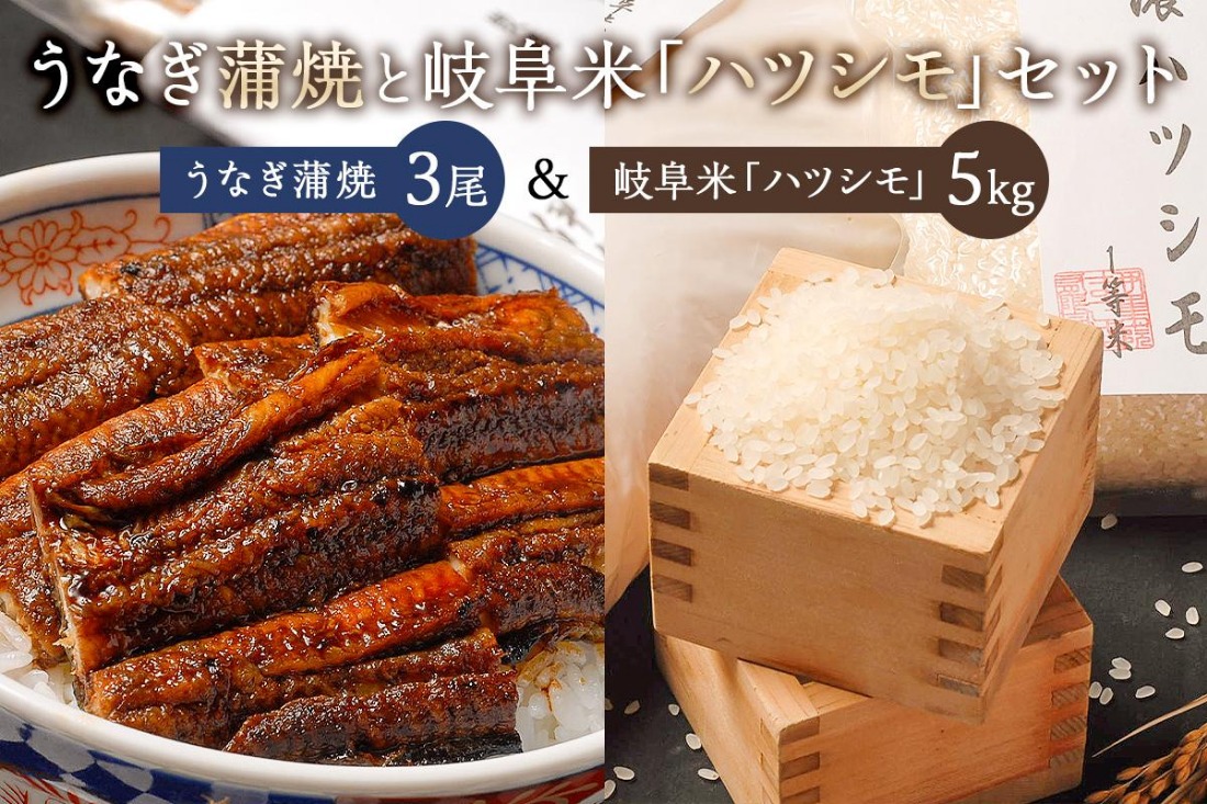 「炭かおる地焼き　うなぎ蒲焼（たれ付）3尾」と「岐阜米ハツシモ1等米5ｋｇ」 【0021-014】