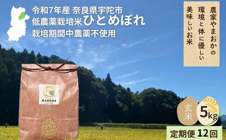 ＜令和7年産・先行予約＞＜毎月定期便12回＞ ひとめぼれ 玄米 5kg 10月頭より順次発送 ／ ふるさと納税 低農薬 米 お米 こめ コメ 国産 新米 玄米  農家やまおか 奈良県 宇陀市