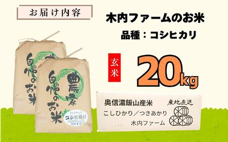 【先行予約】 令和７年産 コシヒカリ 玄米 20㎏  ＜2025年9月中旬より発送＞ 奥信濃飯山～木内ファームのお米～ (7-30B) 長野県 飯山市 おすすめ ランキング おいしい 高評価 大人気 