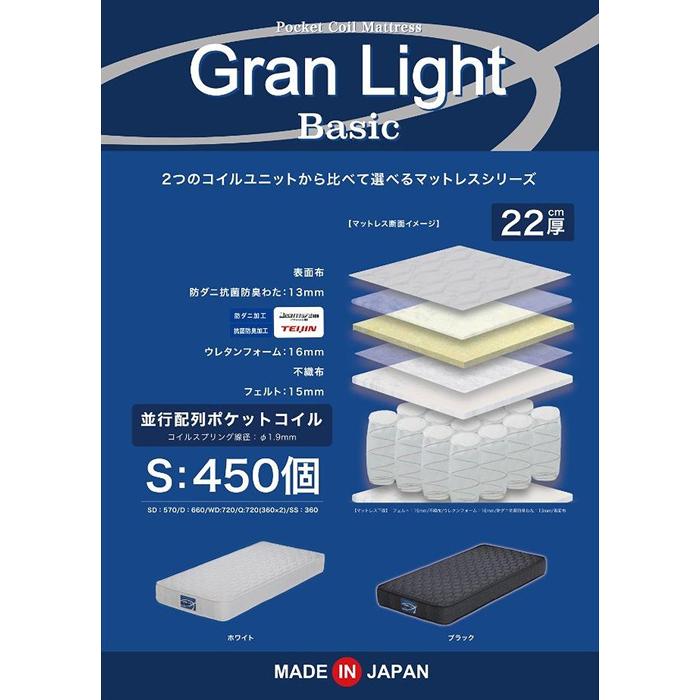 【ふるさと納税】ダブル サイズ 国産 ポケットコイル マットレス グランライトベーシック ブラック | D ダブル 厚さ22cm ポケットコイル 体圧分散 並行配列 ニット生地 ウレタン 防ダニ 抗菌 防臭 寝具 布団 ベッド 敷布団 腰痛 安眠 日本製 Granz グランツ
