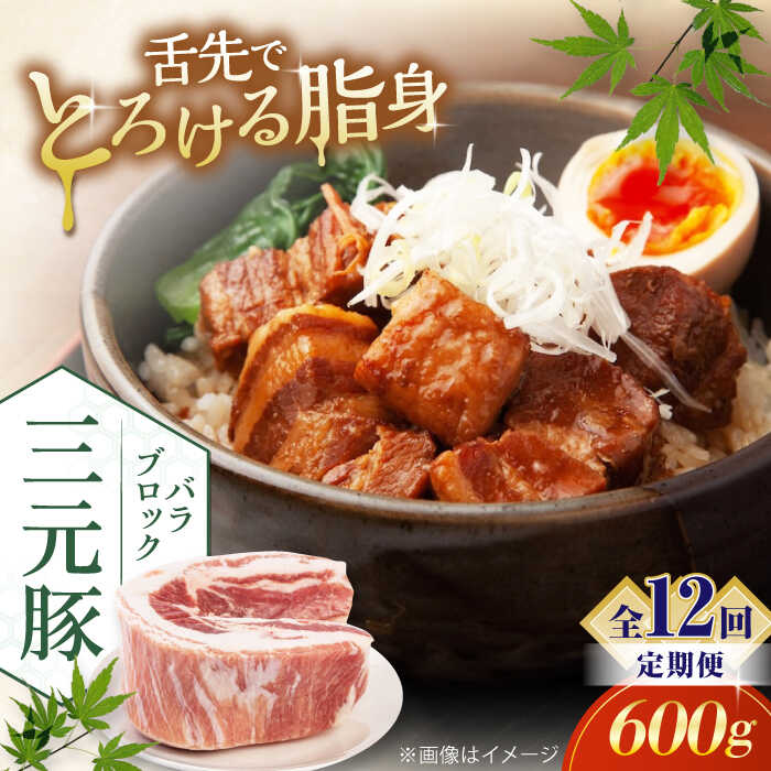 【ふるさと納税】【全12回定期便】三元豚 バラブロック600g《喜茂別町》【平田牧場】 肉 豚肉 バラ ブロック 煮豚 酢豚 煮物 冷凍配送 北海道 [AJAP105]