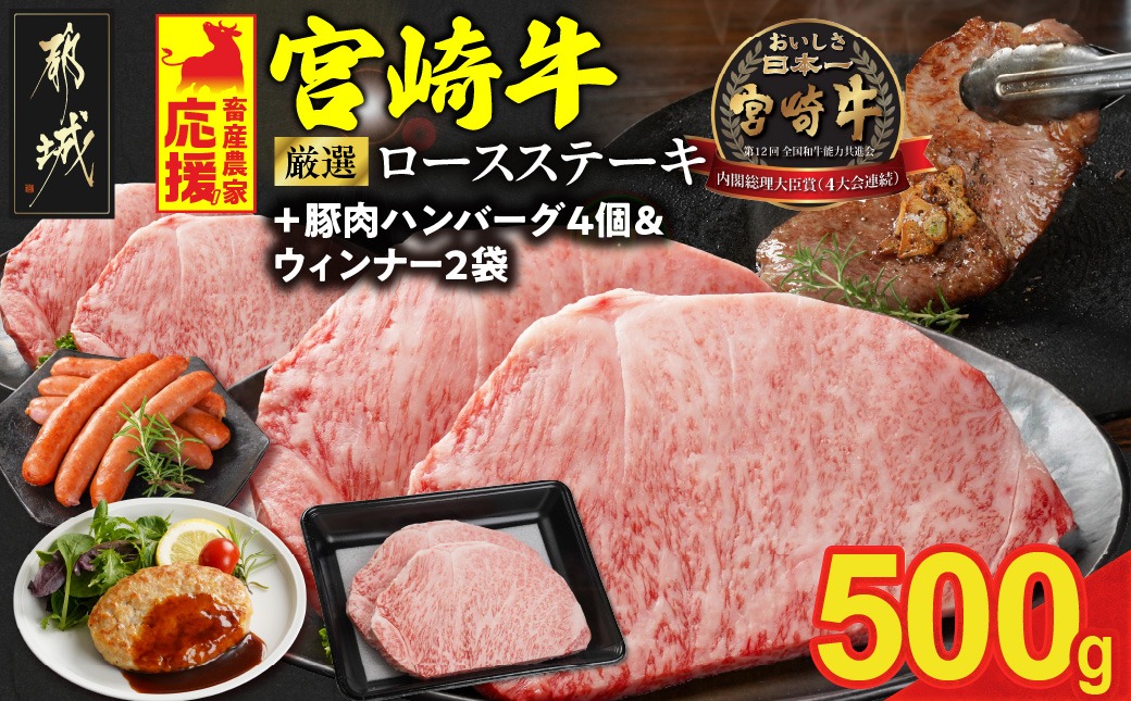 畜産農家応援! 宮崎牛ロースステーキ2枚 計500g+豚肉ハンバーグ&ウィンナー_16-N203-ESHW-CF
