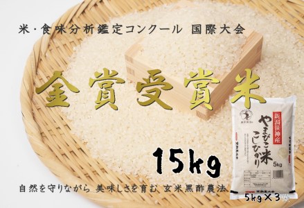 【令和7年産新米予約】コシヒカリ「やまびこ米」15kg(5kg×3袋) 玄米黒酢農法 金賞受賞 特別栽培米 白米 精米 農家直送 10月中旬より順次発送予定 1P05041