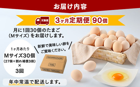 【3ヶ月定期便】【毎月後半発送】相模原市田名のおがわのたまご　ピンク卵 Mサイズ 30個(27個＋割れ補償3個)×3か月| 卵 鶏卵 玉子 たまご 生卵 国産 濃厚 コク 旨味 旨み