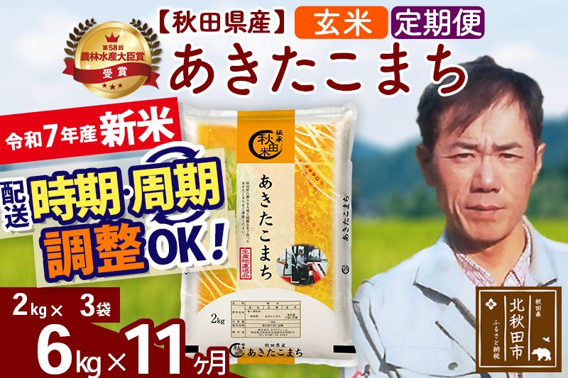 ※令和7年産 新米※《定期便11ヶ月》秋田県産 あきたこまち 6kg【玄米】(2kg小分け袋)2025年産 お届け時期選べる お届け周期調整可能 隔月に調整OK お米 みそらファーム|msrf-22611