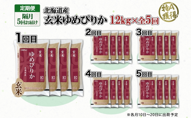 定期便 隔月5回 北海道産 ゆめぴりか 玄米 12kg 米 特A 獲得 小分け お米 12キロ 3kg × 4袋 北海道米 お取り寄せ ブランド米 道産 ごはん ようてい農業協同組合 ホクレン 送料無