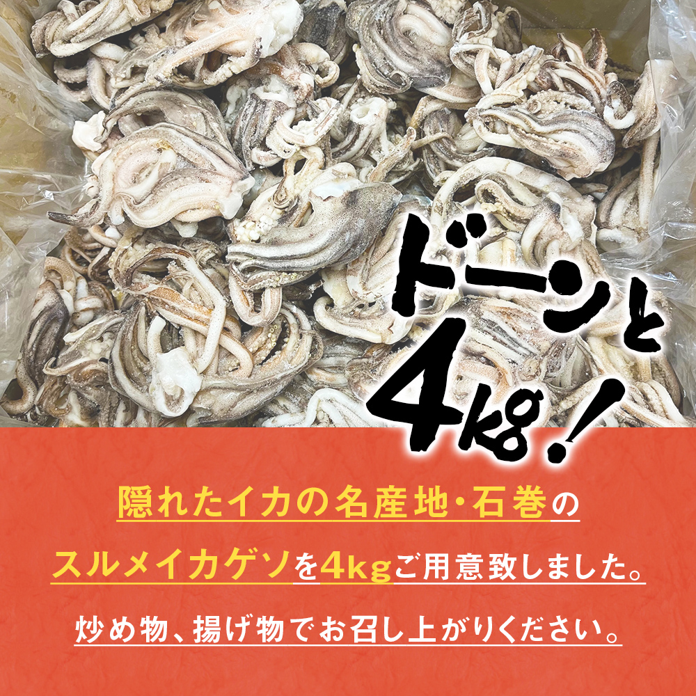 訳あり 石巻産スルメイカゲソ 4kg 9月配送 冷凍 国産 いか 下