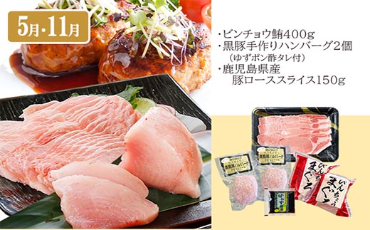 定期便(6回配送)【当店限定】ごちそうまんきつセット(黒毛和牛 黒豚 まぐろetc) FF-6004 【1492208】 _ 定期便 牛肉 かつお まぐろ 鮪 肉 ステーキ ロース 切り落とし たたき