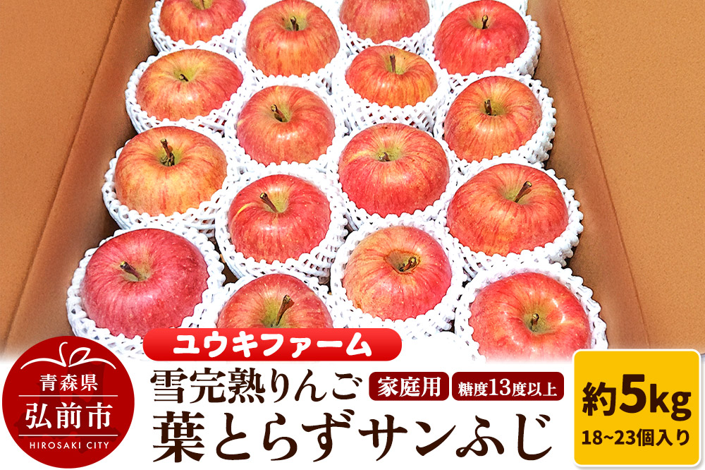 りんご 【 数量限定 】雪完熟 自然 葉とらず 糖度13度以上 家庭用 サンふじ 約 5kg 18～23個