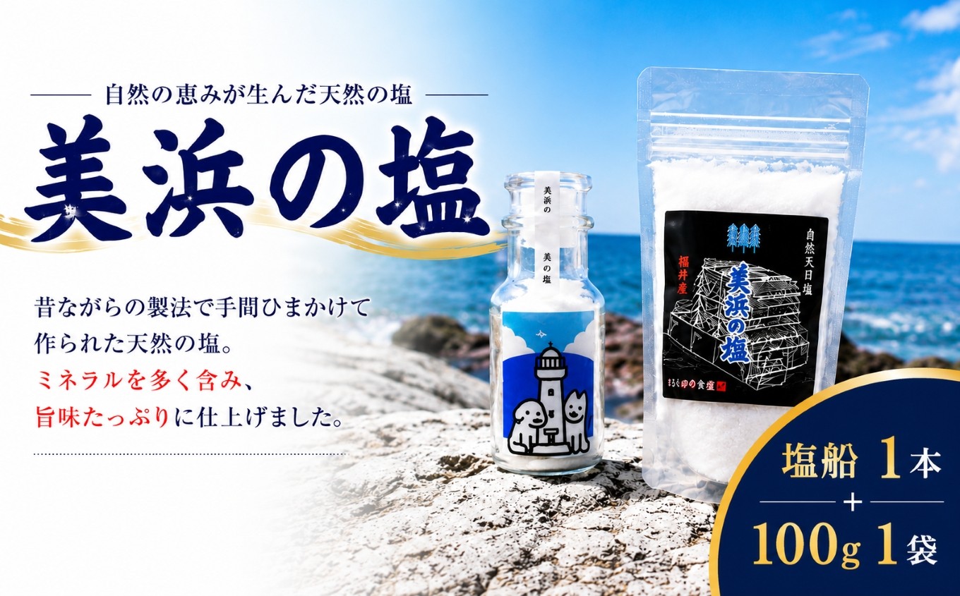 
                  海塩 1本 美浜の塩+美浜の塩 100g×1袋 ｜ 天然塩 塩 食塩 卓上塩 おためし ミネラル しお 天然 調味料 ソルト 海水塩 料理 味付 国産 おにぎり　愛知県 美浜町 食と健康の館 ※北海道・沖縄・離島への配送不可
                