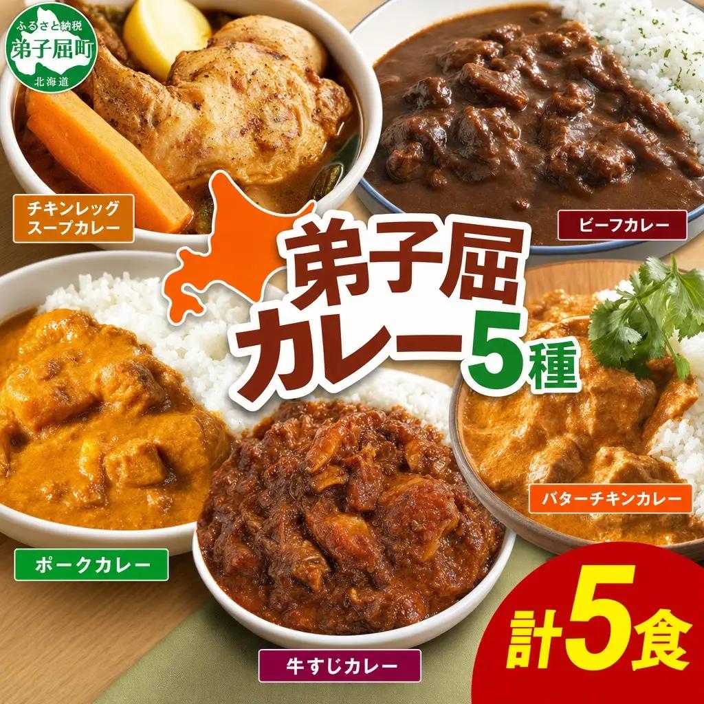 弟子屈 カレー 5種 食べ比べ 計5個 中辛 バターチキンカレー スープカレー ビーフカレー ポークカレー 牛すじカレー 業務用 レトルト 保存食 備蓄 非常食 常温 まとめ買い お取り寄せ 10000円 送料無料 北海道 弟子屈町 3758