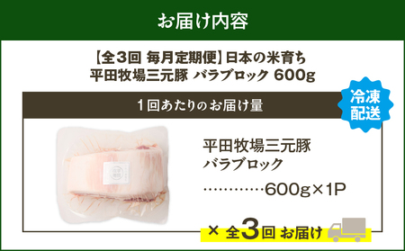 【 全3回 毎月 定期便 】 日本 の 米育ち 平田牧場 三元豚 バラ ブロック 600g T036-T08-01 定期 肉 お肉 にく 豚 豚肉 ブタ ぶた 豚の角煮 角煮 焼豚 厚切りソテー 黒豚