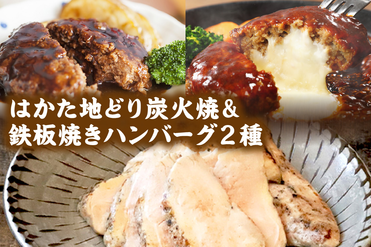 【C-141】鉄板焼きハンバーグ(2種16個)＆はかた地どり炭火焼(1kg小分け)セット