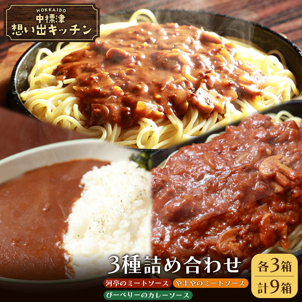 【ふるさと納税】中標津 想い出キッチン「河亭のミートソース」「ぴーべりーのカレーソース」「やまやのミートソース」各3箱　合計9箱詰め合わせ | オンライン申請 ふるさと納税 北海道 中標津 お取り寄せ やまや ぴーべりー なかしべつ観光協会 中標津町【32038】